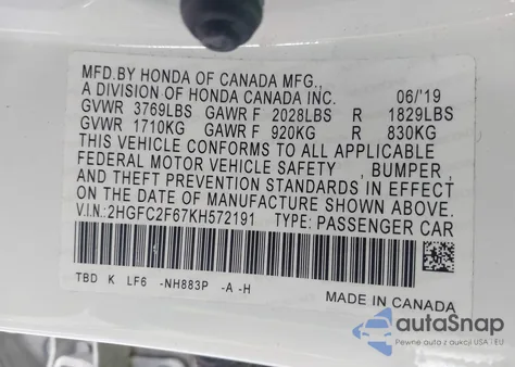 2019 Honda Civic Lx из США, поврежденный, VIN 2HGFC2F67KH572191